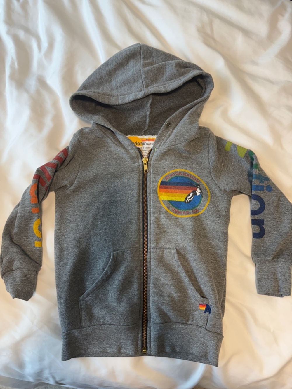 Aviator Nation Gray Hoodie with Rainbow Surf Patch